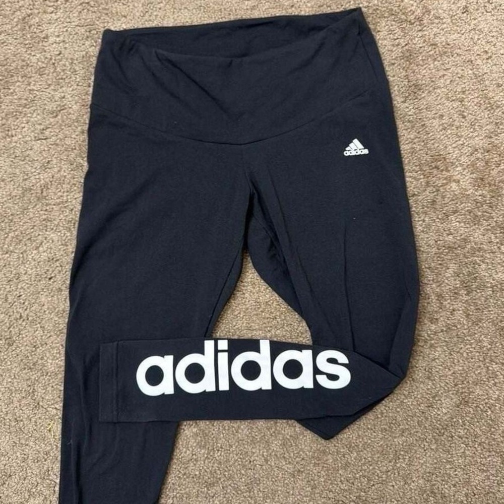 Adidas Leggings Womens Size S Linear Logo Cotton Blend Athletic Black Pants - Picture 3 of 6